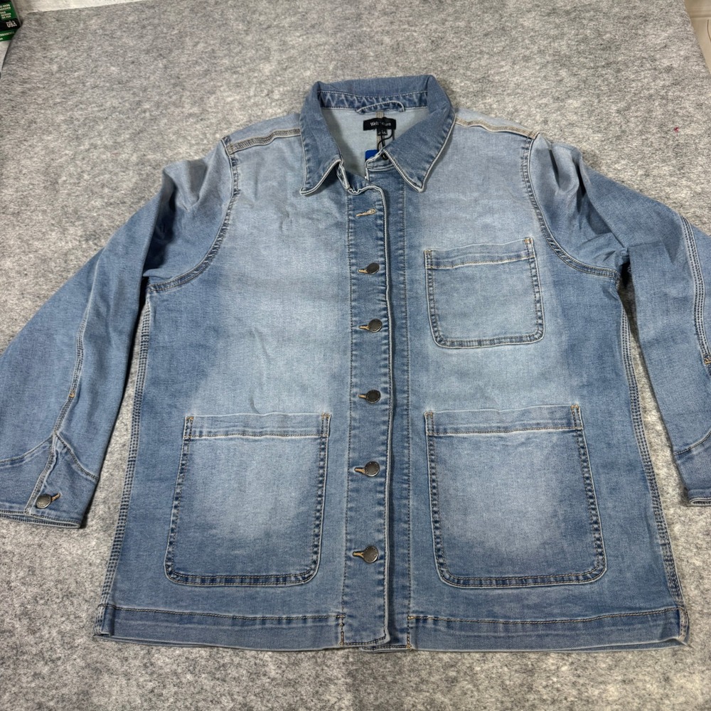 Well Worn Women Blue Denim Chore Coat Jacket Light Wash Stretch Large L NEW
